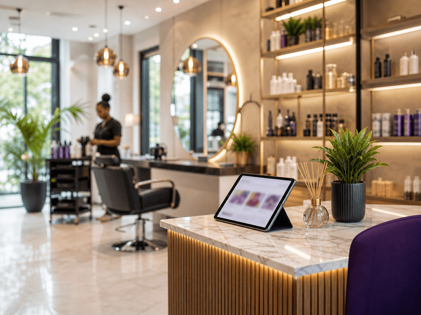 A stylist working on a client in a calm, modern studio